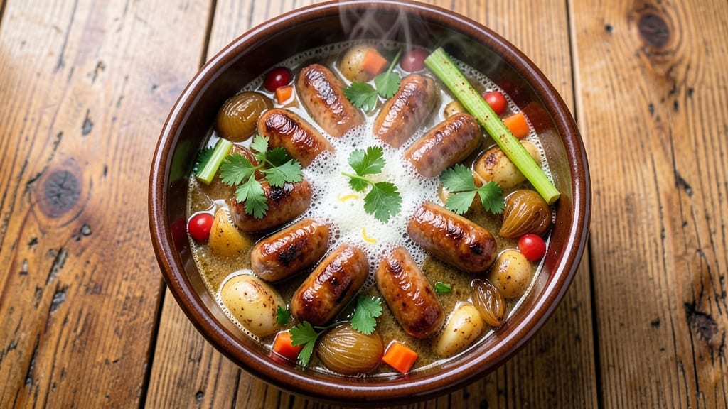 Beer Brat Soup Recipe: Smoky Beer-Braised Brats with Crispy Celery Crowns