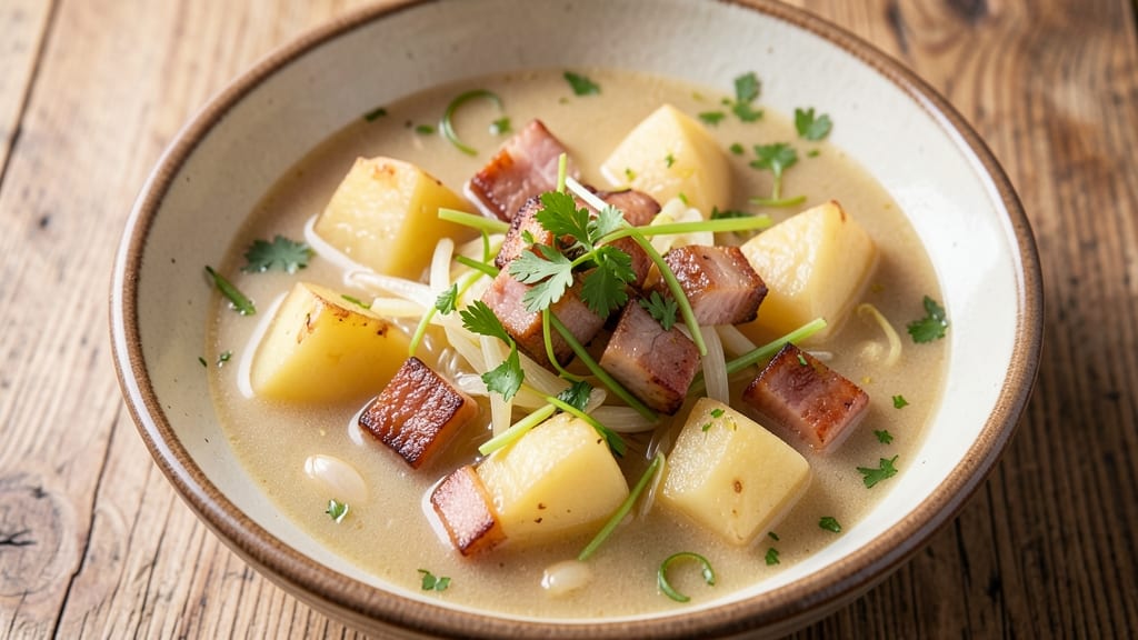 Baked Potato and Ham Soup Recipe: Crispy Celery Crowns Over Smoky Ham Velout