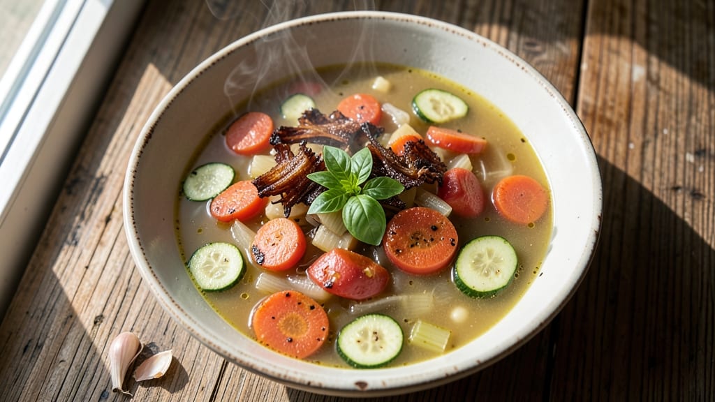 Amy's Rustic Italian Vegetable Soup Recipe: Herb-Infused Tomato Base With Crispy Celery Crowns