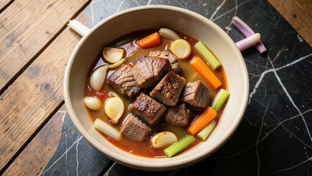 Beef Pot Roast Soup Recipe: Crispy Celery Crowns Over Savory Beef Velout
