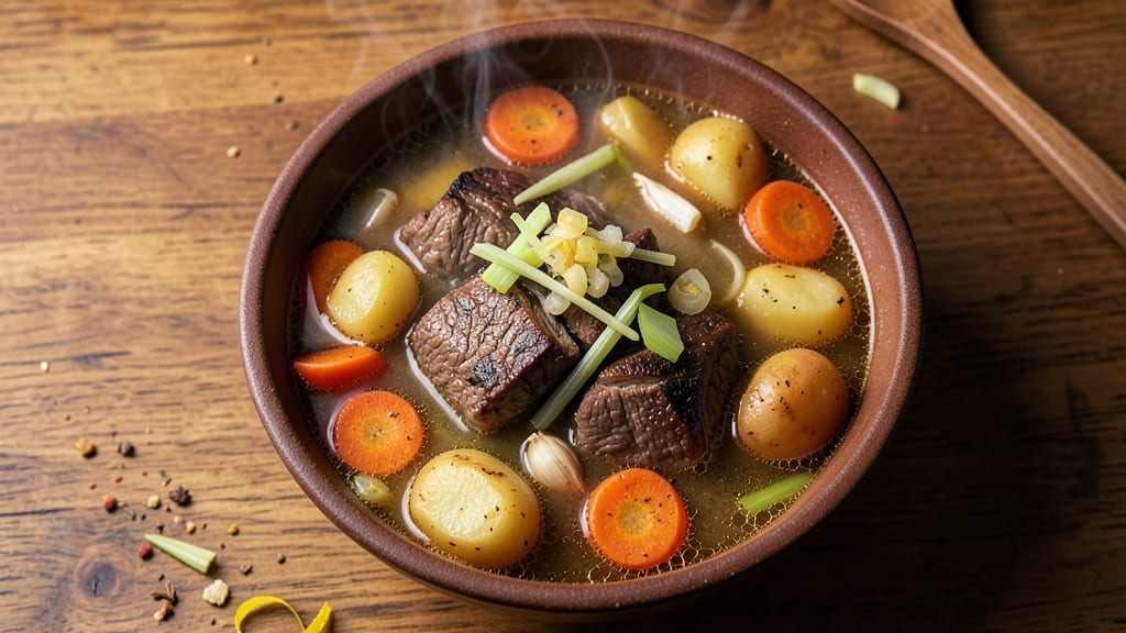 Beefy Potato Soup Recipe: Deep Umami Broth With Crispy Celery Topping