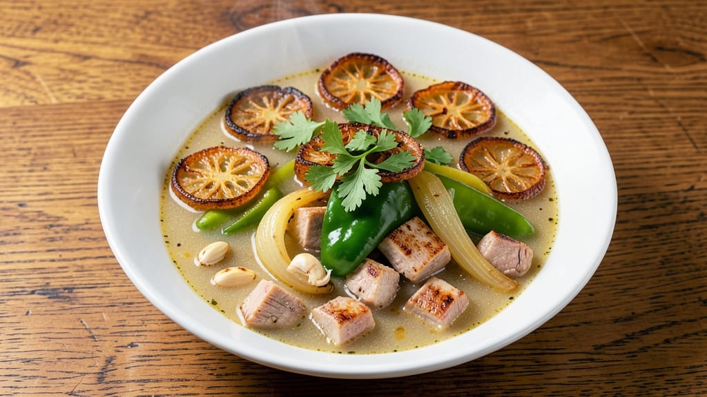 Aguadito Soup Recipe: Crispy Celery Crowns on Zesty Lime-Herb Velout