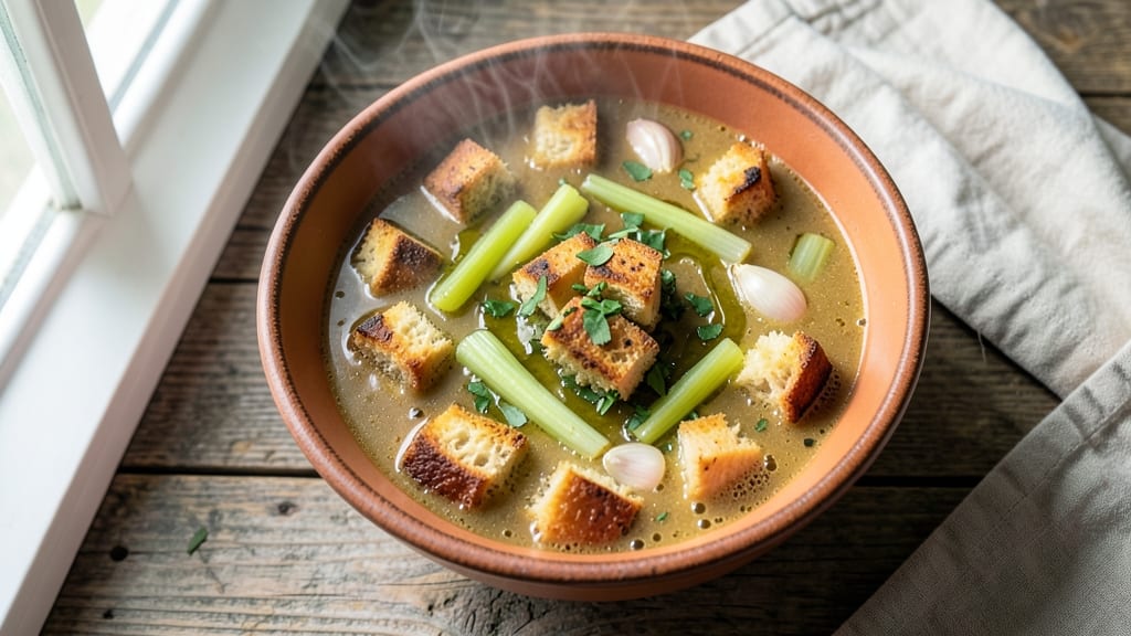 Acorda Soup Recipe: Sicilian Celery Crowns Crunch Over Garlic-Infused Herb Velouté