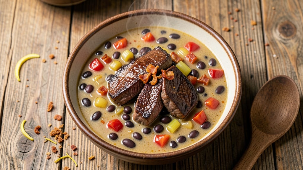 Applebee's Steak and Black Bean Soup Recipe: Smoky Bacon Crunch Over Rich Tomato-Bean Velout