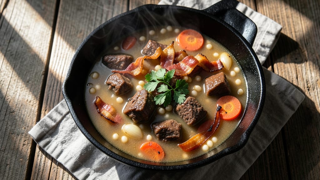 Beef and Hominy Soup Recipe: Smoky Bacon Crunch Over Hearty Corn and Beef