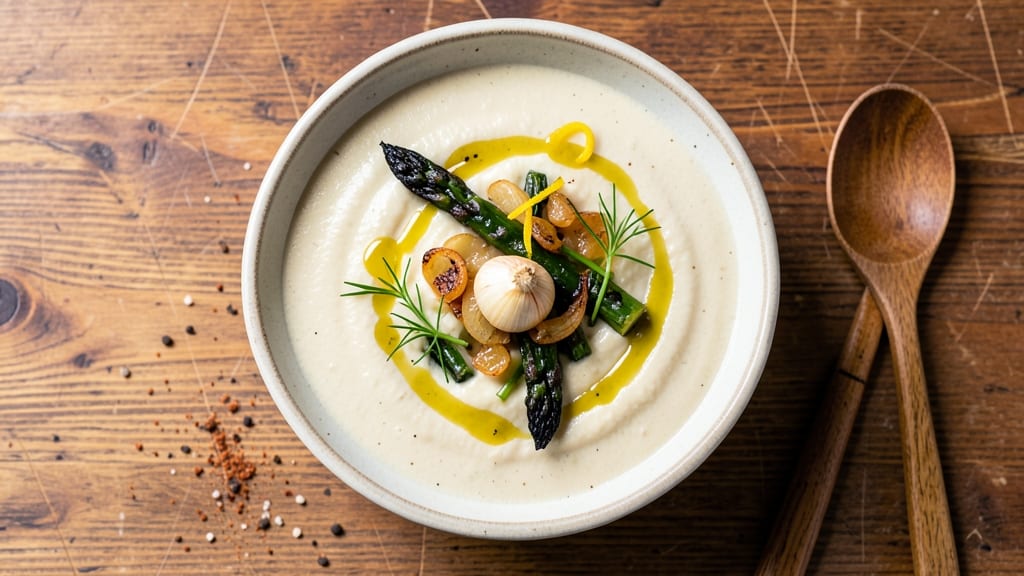 Asparagus Bisque Soup Recipe: Silky Green Velout With Toasted Garlic Crunch