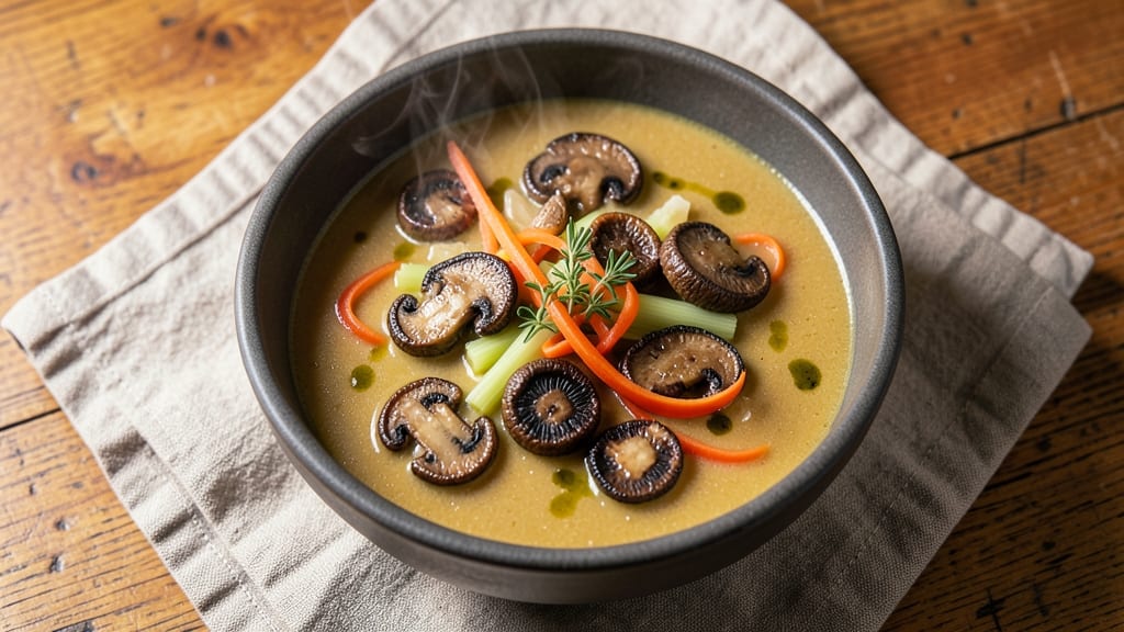 Award-Winning Mushroom Soup Recipe: Deep Umami Richness With Crispy Celery Topping