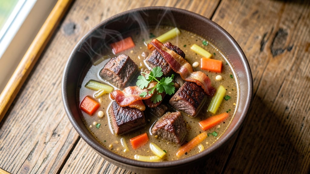 Beef Barkey Soup Recipe: Smoky Bacon Crunch Over Hearty Herb Velout
