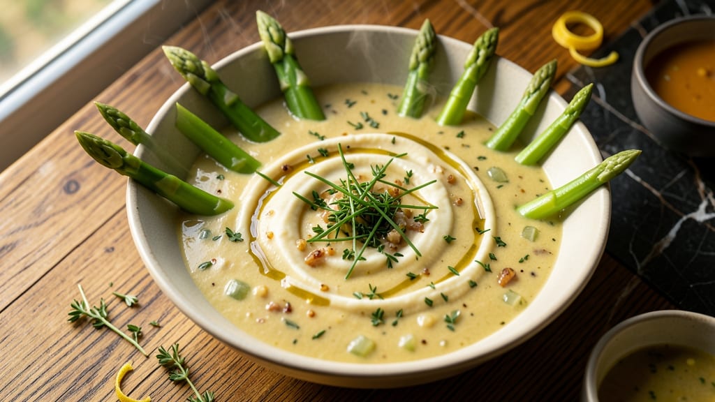 Jamie Oliver's Asparagus Soup Recipe: Crispy Celery Crowns Over Velvety Herb Base