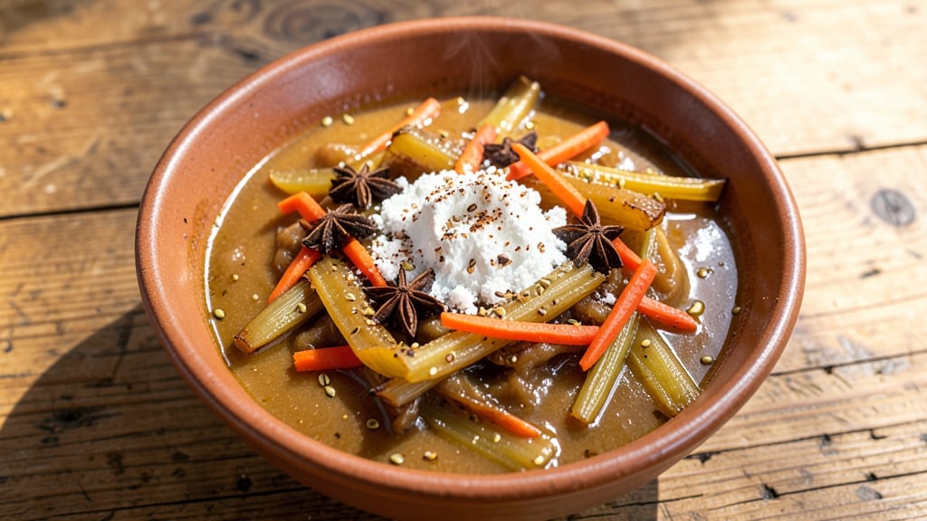 Birthday Soup Recipe: Toasted Celery Crunch Over Creamy Star-Anise Velouté