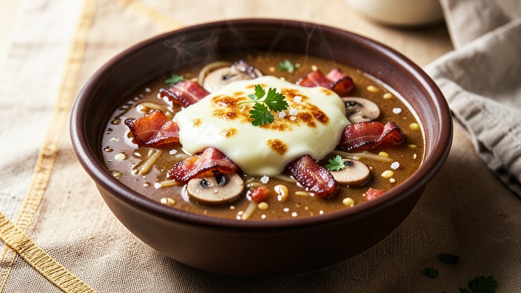 Bacon Mushroom Swiss Cheeseburger Soup Recipe: Crunchy Topping Meets Melty Comfort