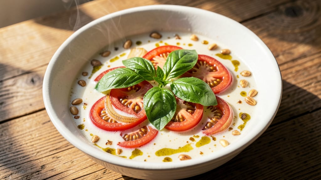 Arash Hashemi's Tomato Basil Soup Recipe: Silky Basil Swirls and Toasted Bread Crumb Topping