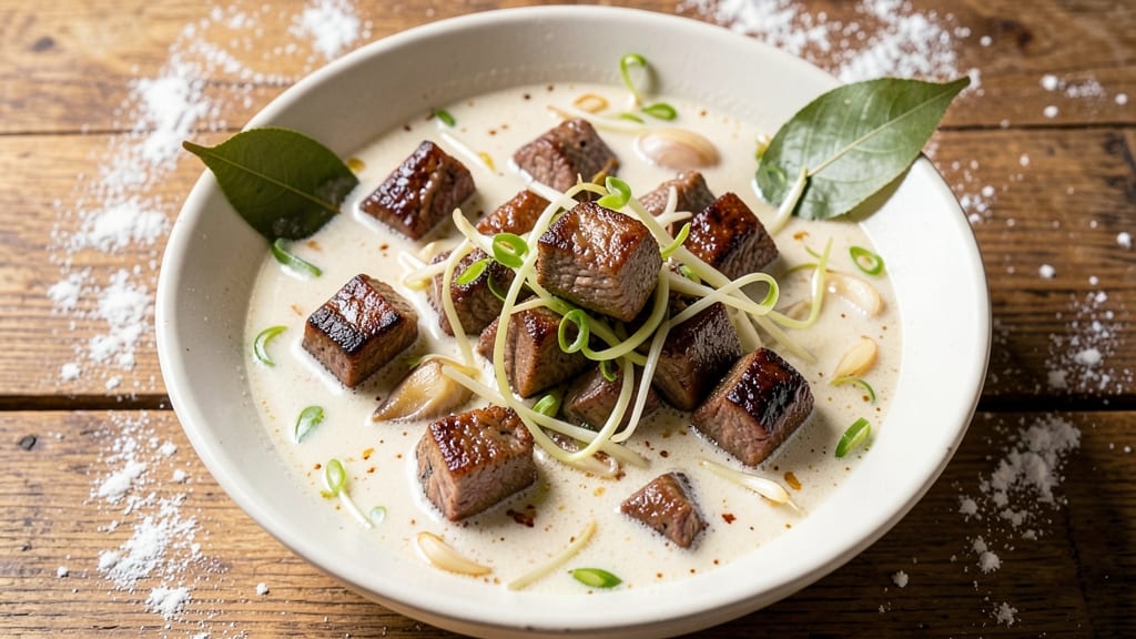 Beef Sotanghon Soup Recipe: Panlasang Pinoy Crunch Over Creamy Herb Velout