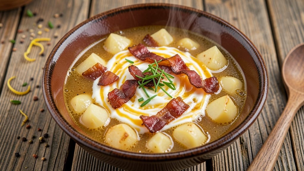 54th Street Baked Potato Soup Recipe: Cheesy Mashed Potato Velout with Crispy Bacon Topping