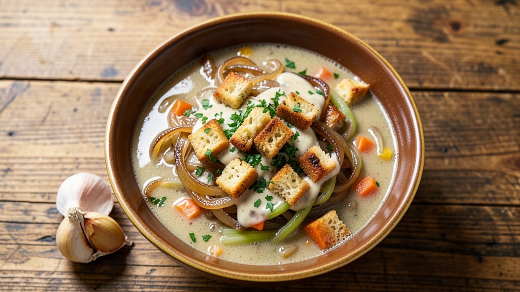 Alcohol-Free French Onion Soup Recipe: Crispy Celery Crowns Over Golden Gruyère Velouté