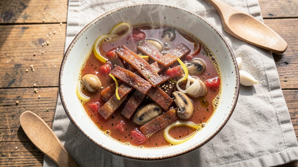 Beef Jerky Soup Recipe: Smoky Umami Crunch Over Creamy Tomato Base