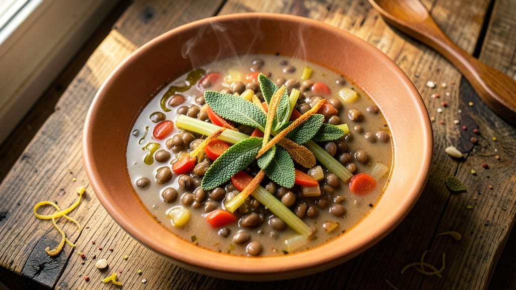 Bertucci's Lentil Soup Recipe: Celery Crown Crunch Over Earthy Herb Velout