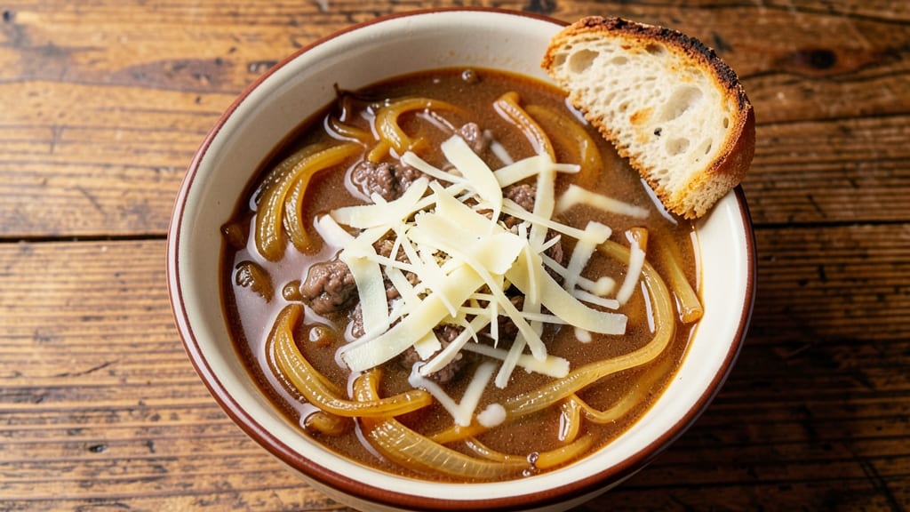 All-Day French Onion Soup Recipe: Crispy Bread Crowns Over Silky Herb Broth