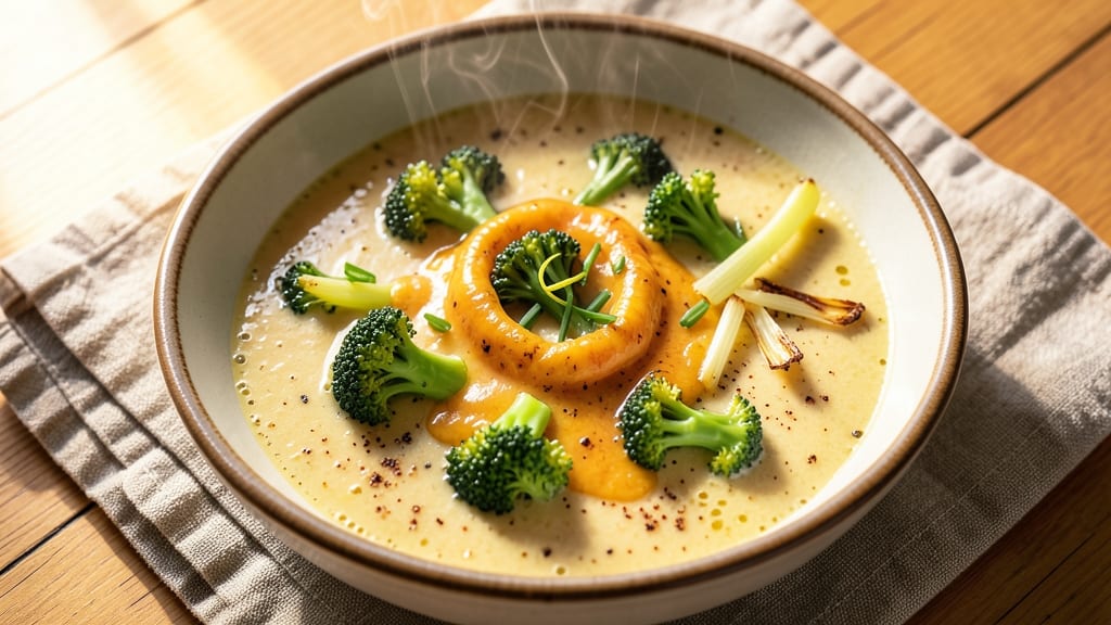 Almost Famous Broccoli Cheddar Soup Recipe: Celery Crown Crunch Over Velvety Cheese Base