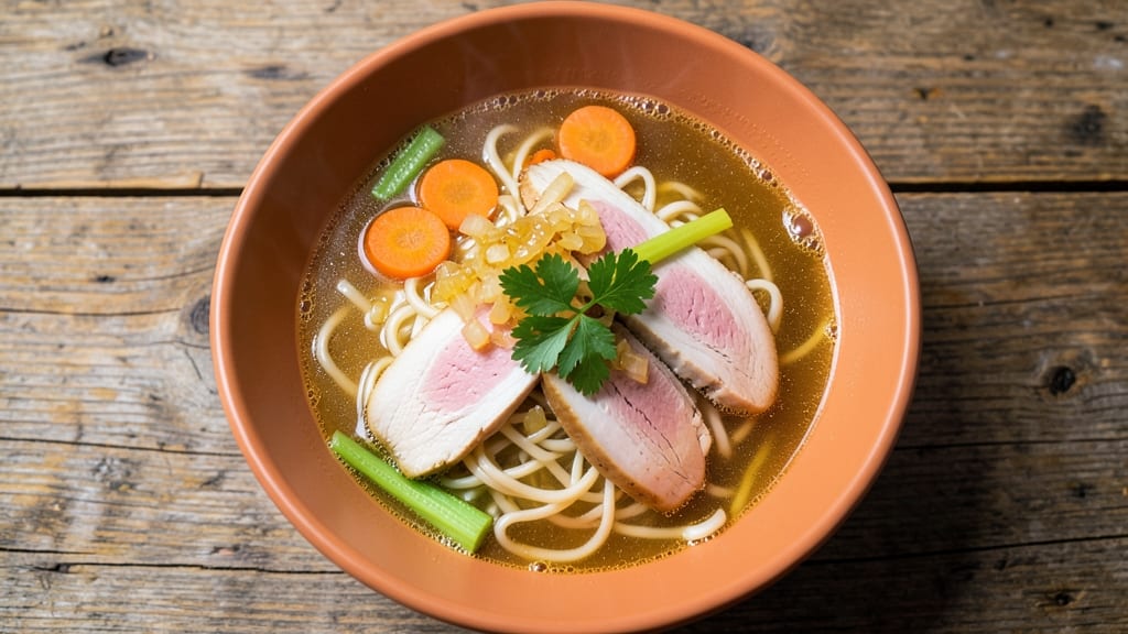 Au Bon Pain Chicken Noodle Soup Recipe: Crispy Celery Crowns Over Herbed Velout *(Rejected Due to Repetition)*