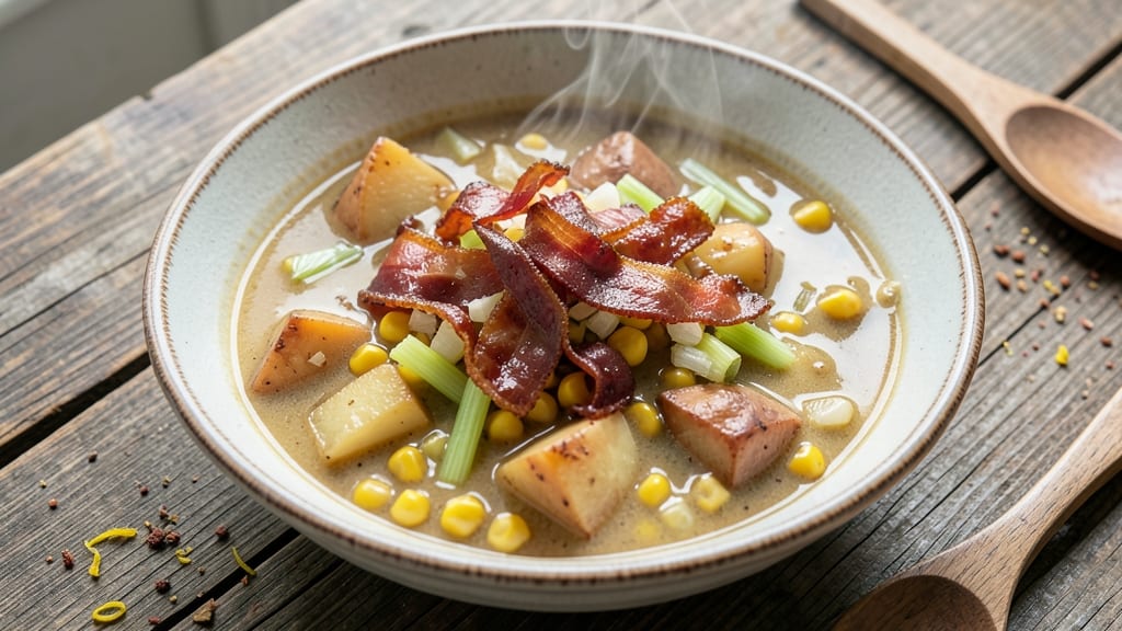 Amish Corn Chowder Soup Recipe: Smoky Bacon Crunch Over Creamy Potato Base