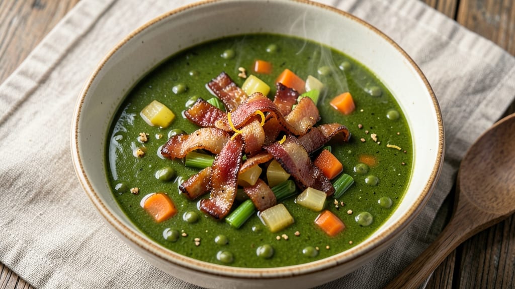 Andersen's Split Pea Soup Copycat Recipe: Smoky Bacon Crunch Over Creamy Herb Velout
