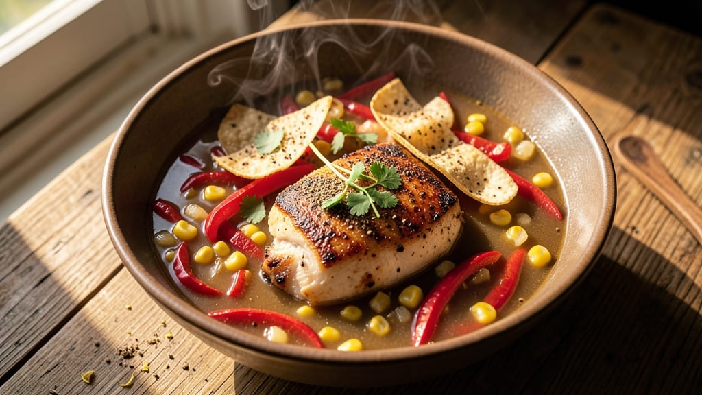 54th Street Chicken Tortilla Soup Recipe: Spiced Tortilla Crunch Over Creamy Cumin-Kissed Broth