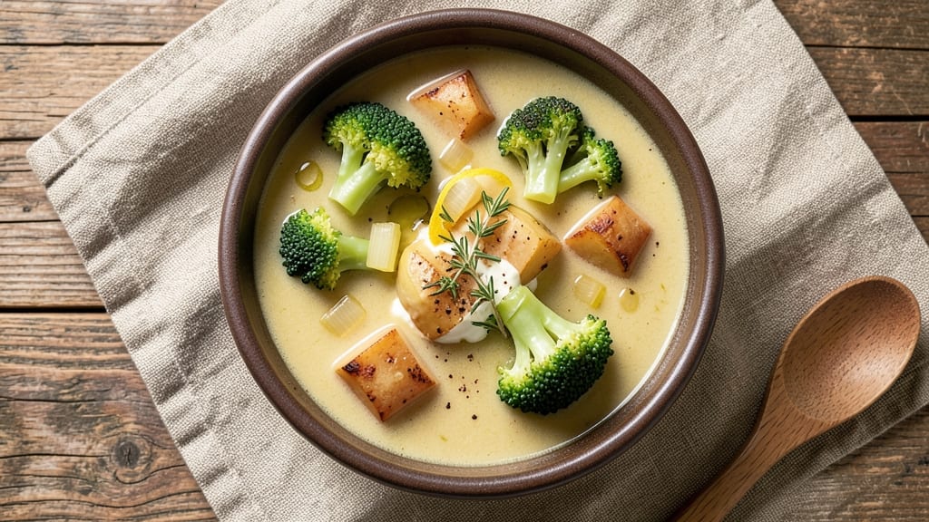 Baked Potato and Broccoli Soup Recipe: Crispy Celery Crowns Over Creamy Cheddar Bliss