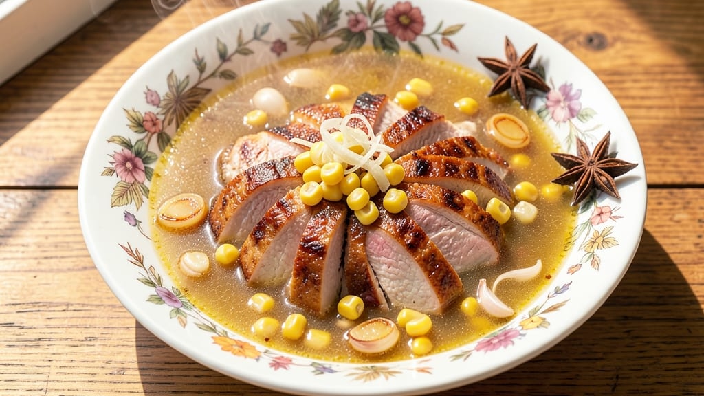 Asian Chicken and Corn Soup Recipe: Crispy Fried Shallots Topped on Silky Ginger Broth