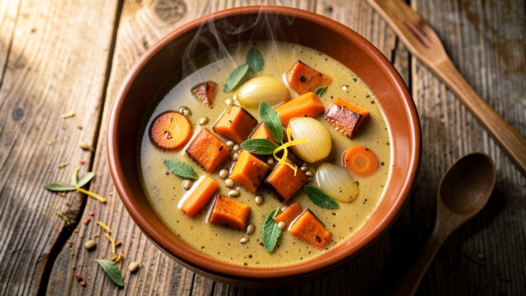Autumnal Harvest Soup Recipe: Spiced Squash and Sage Velout With Toasted Bread Crunch