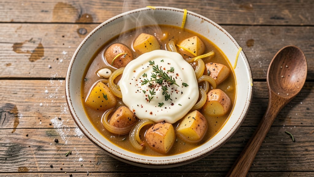 Awesome Potato Soup Recipe: Crispy Bacon Bits Over Creamy Herb Velout