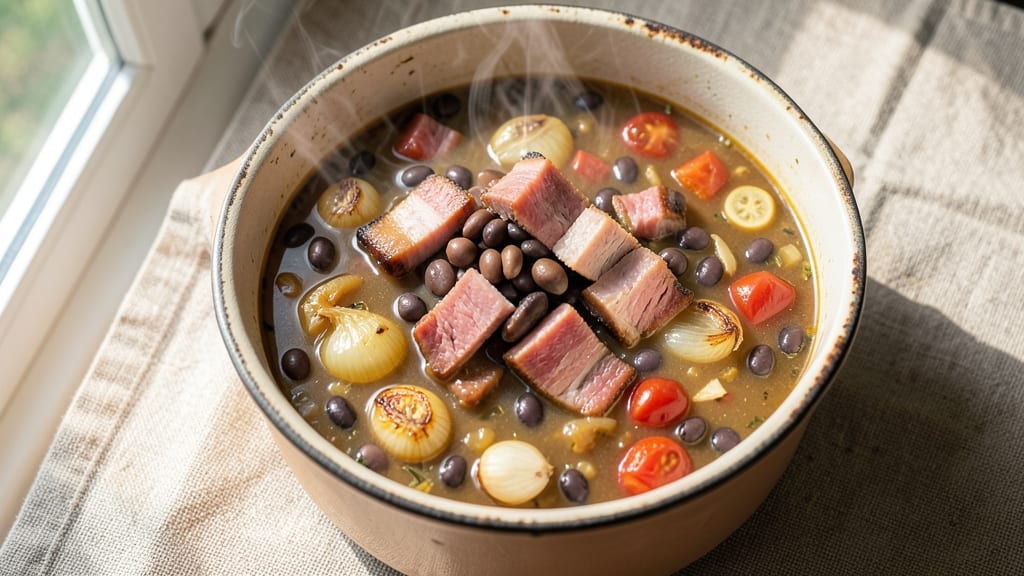 Best Ham and Bean Soup Recipe Ever from Scratch: Smoky Bacon Crunch Over Velvety Bean Broth