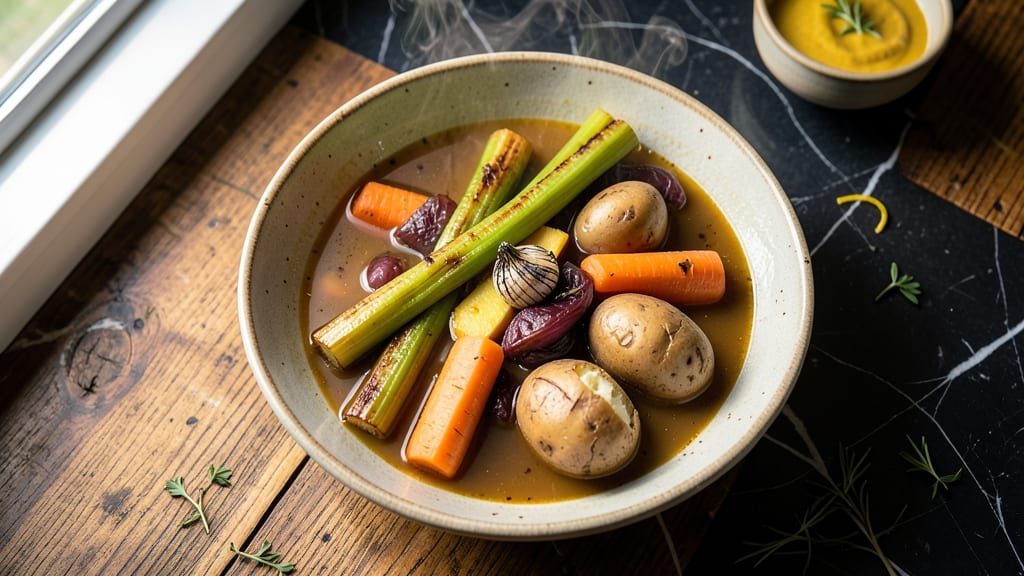 Baked Vegetable Soup Recipe: Crispy Celery Crowns Over Velvety Herb Broth