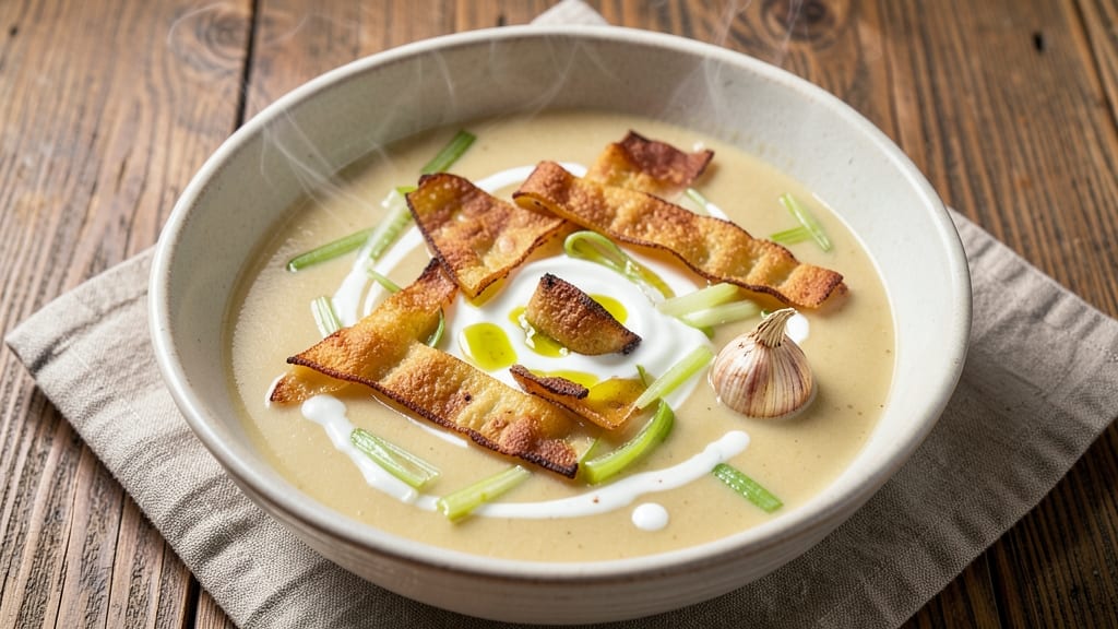 Baked Potato and Leek Soup Recipe: Crispy Celery Crowns Over Velvety Herb Cream
