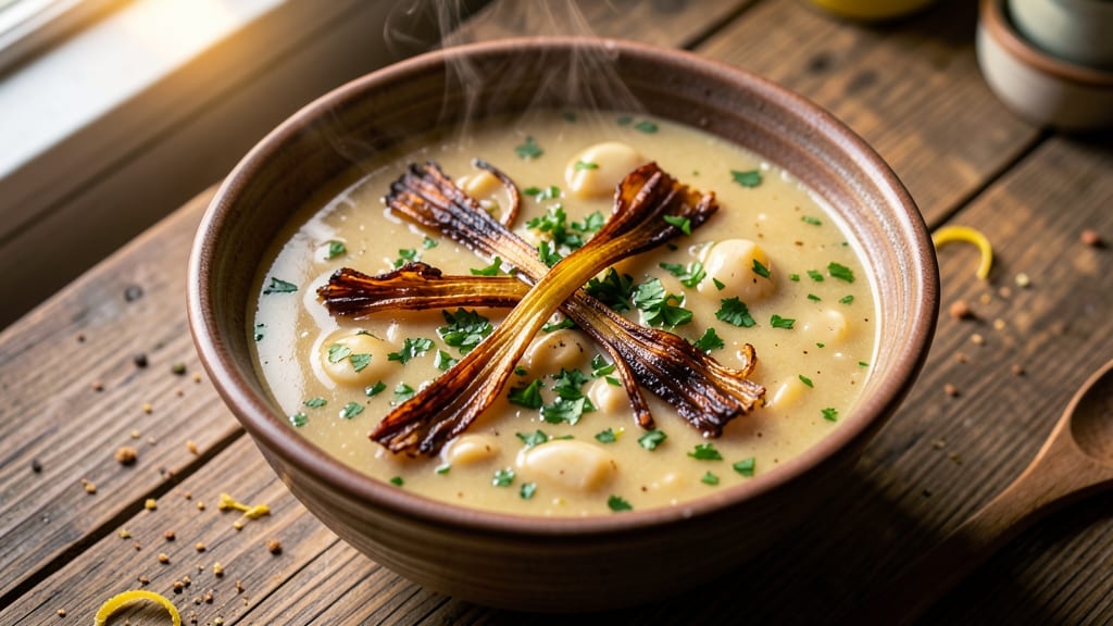 Austrian Garlic Soup Recipe: Crispy Celery Crowns Over Smoky Herb Broth