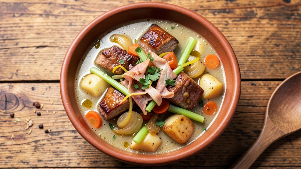 Bistango Garlic Soup Recipe: Crispy Celery Crowns Over Rich Herb Velout