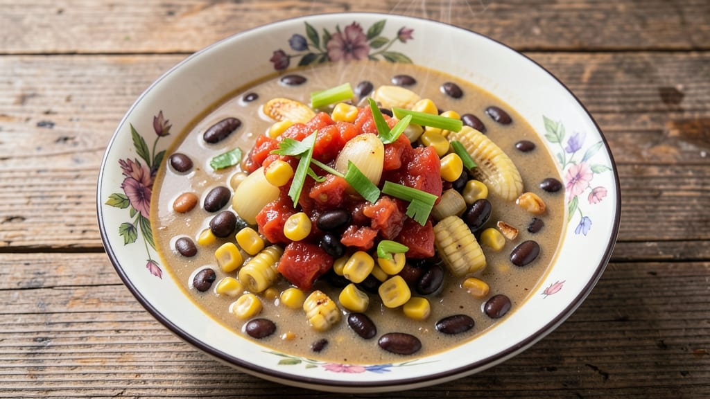 Bean and Corn Soup Recipe: Smoky Tomato-Basil Base With Crispy Celery Crowns