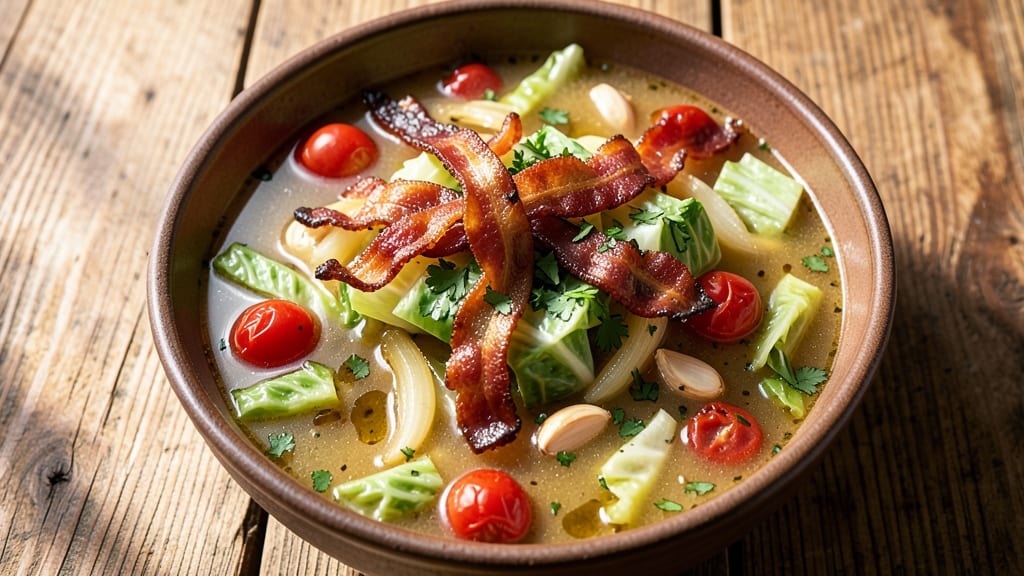 Amazing Cabbage Soup Recipe: Crispy Bacon Bits Over Creamy Herb Velout