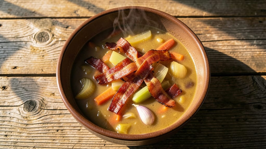 Backburner Soup Recipe: Bacon-Infused Richness With Crispy Celery Crowns