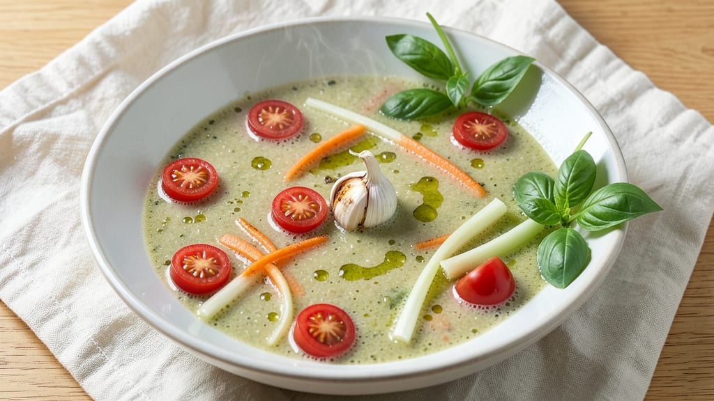 Vegetarian Basil Soup Recipe: Fresh Herb Velout With Toasted Garlic Crunch