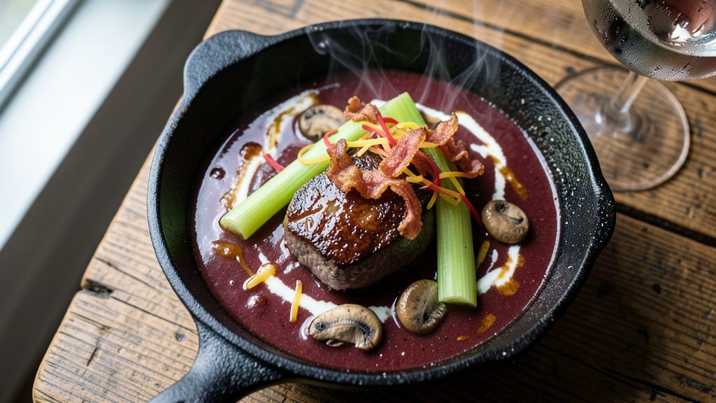 54th Street Steak Soup Recipe: Bacon-Smoked Celery Crowns Over Silky Herb Velout